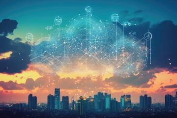 Poster - City skyline at sunset with a digital cloud