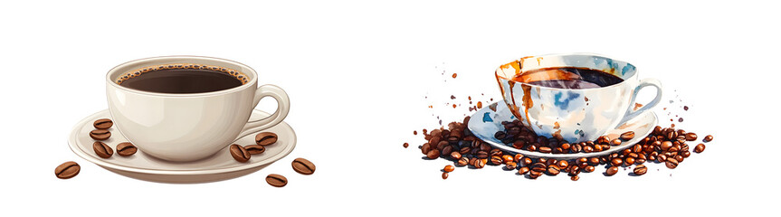 Aufkleber - artistic of coffee cups, one plain white, and the other decorated, full of dark brown coffee isolated on transparent background