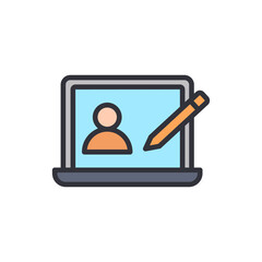 Poster - Digital identity creation concept represented by laptop, figure, and pencil