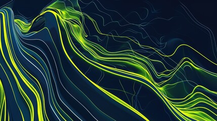 Fototapete - Abstract digital artwork with neon green and blue textures. Digital image of 3D rendering with glowing green fluid or liquid texture mixing with dark blue watercolor. Bright motion shot design. AIG51.