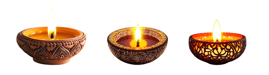 Poster - Set of decorative candles, each in a unique, ornate holder. The candles are burning with a warm light.
