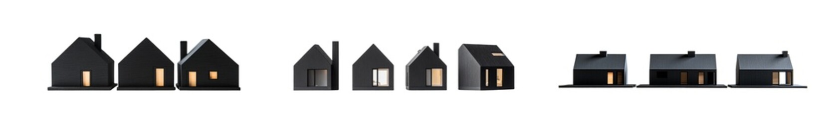 Poster - Set Digital rendering of a row of small, simple houses in grayscale isolated on transparent background