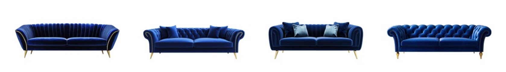 Poster - Set of Elegant Blue Velvet Sofas with Gold Metal Legs Isolated on transparent background