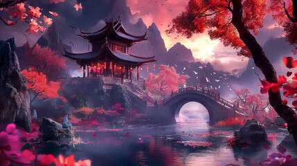 Wall Mural - A serene zen temple nestled in a mystical garden setting.