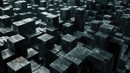 Poster - Abstract picture black geometric cube graphic with dark tone, monochrome style design. Modern art present about the seamless pattern blocks textiles perfect for creative background, wallpaper. AIG53.