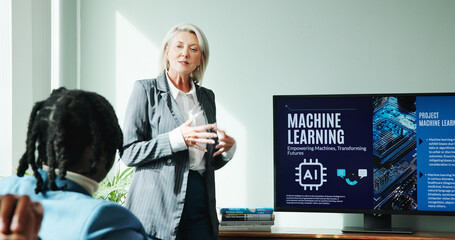 Poster - Woman, speech and screen for meeting with workshop, presentation and employee engagement. Data analyst, seminar and explain with speaker, AI training and briefing for advice for machine learning