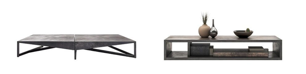 Poster - Long, low gray console table features open storage and a clean, modern aesthetic, with decorative objects displayed on the top.