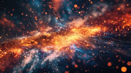 Poster - Futuristic digital tunnel with glowing particles. Neon and electric colors creating a sense of depth. Background of explosive scene in space with glowing star. Background for wallpaper, print. AIG53.