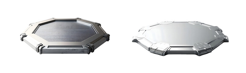 Poster - Two geometrically-shaped, light-toned protective coverings, likely for industrial or technological equipment.