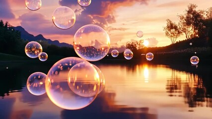 Wall Mural - a playful concept of glowing bubbles floating over a serene landscape.