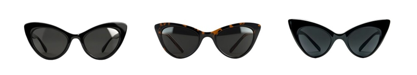 Poster - Set of different pairs of black cat-eye sunglasses are shown in a side view. isolated on transparent background