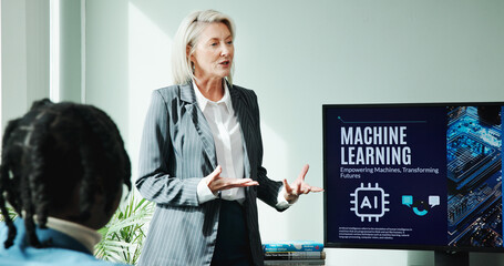 Aufkleber - Business woman, conference room and machine learning presentation on screen for innovation, idea and training. Mature speaker, office and pitch proposal to team for ai project, coaching or workshop