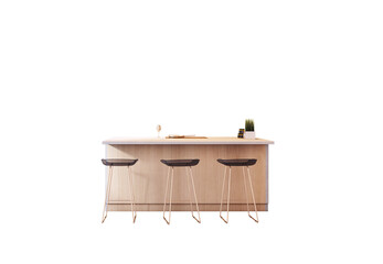 Poster - Wooden kitchen island with three modern bar stools, minimal decor on countertop, clean layout, isolated on white background. 3D Rendering