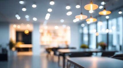 Poster - Bright Blurred Office Space with Soft Glowing Lights and Open Design