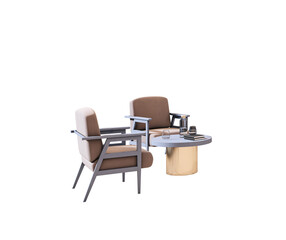 Poster - Modern armchairs and coffee table with drinks and books, isolated clean design on white background, interior decor element. 3D Rendering