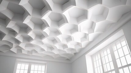 Poster - Modern Geometric Ceiling Pattern in All White Architectural Space