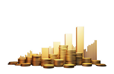 Fototapete - Gold coin stacks with rising abstract bar charts, clean graphic style on isolated white background. Concept of capital growth and investing. 3D Rendering
