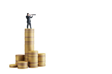 Aufkleber - Businessman on gold coin stack holding telescope, isolated style on white background. Concept of financial vision, capital and investment