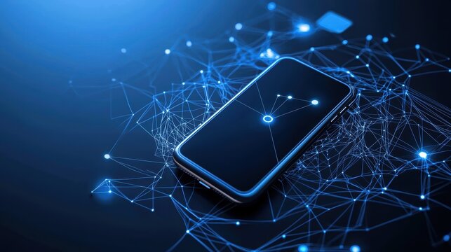 A simple, minimalist phone icon surrounded by abstract digital shapes, symbolizing connection and modern technology.