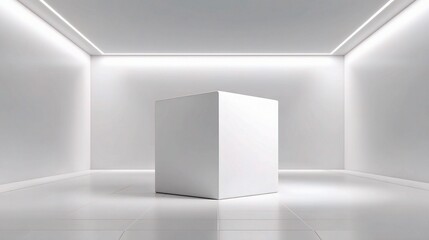 Poster - Pure White Cube in Spotlight on Seamless White Floor Setting
