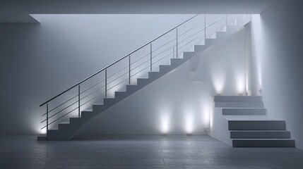 Poster - Minimalist Modern 3D Staircase Render with Railing and Lighting