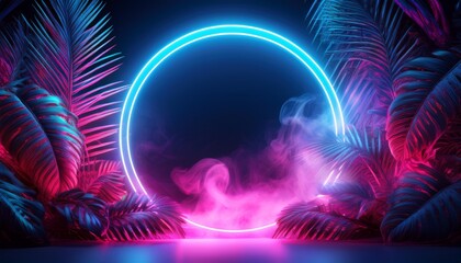Wall Mural - neon frame with circular blue and pink lights large tropical leaves and digital smoke in a cyberpunk jungle copy space generative ai