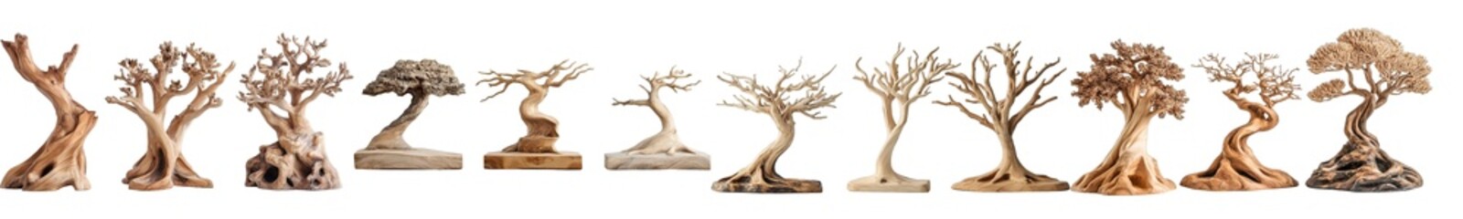 Poster - Collection of decorative miniature sculpted trees, arranged in a horizontal row on a transparent background.