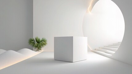 Poster - Minimalist 3D Scene with Geometric White Cube in Modern Interior