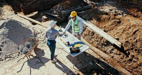 Poster - construction team, outdoor and engineer people shaking hands for partnership with foundation bluepri