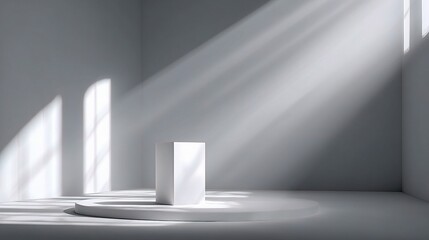 Poster - Empty White Podium Casting Dramatic Shadows in Sunlit Room