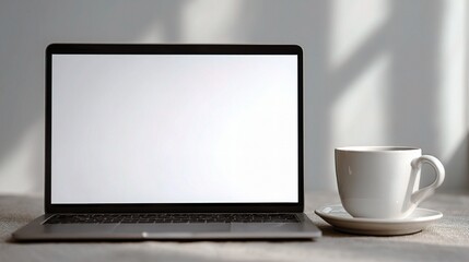 Poster - Open Laptop with Blank Screen Next to Ceramic Cup on Table