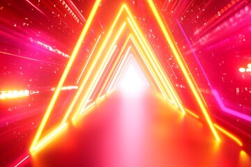 Poster - Neon Triangle Corridor - Vibrant orange and pink neon triangles form a glowing corridor leading to a bright light. Abstract futuristic design