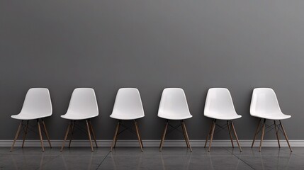 Poster - Row of Identical White Chairs Against a Muted Gray Wall