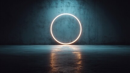 Poster - Glowing Circle Light on Black Wall with Soft Reflection