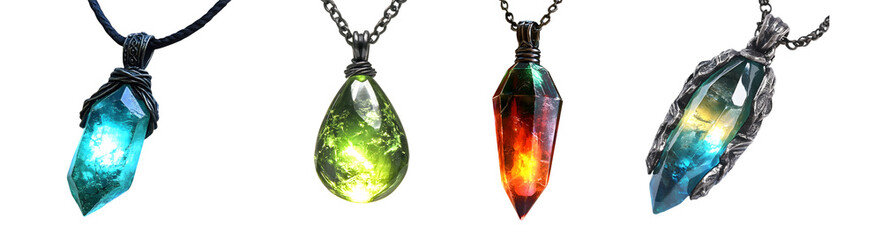 Poster - Set of different colored gemstones, each hanging from a chain, display colorful light effects.