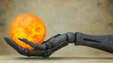 Poster - Futuristic Robotic Hand Holding Bright Glowing Orb in Abstract Art