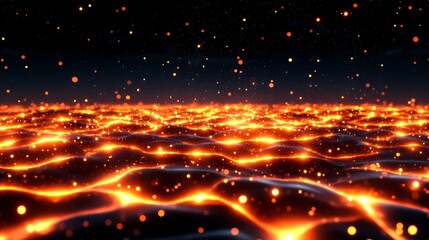 Poster - Glowing Particle Landscape Abstract Background - Abstract fiery landscape with glowing particles, symbolizing energy, heat, dynamism, power, and creation