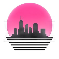 Poster - Sunset City Skyline with Pink Background and Retro Stripes Design