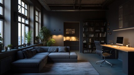 Poster - Creative Dark Toned Office Interior with Ambient Lighting and Desk