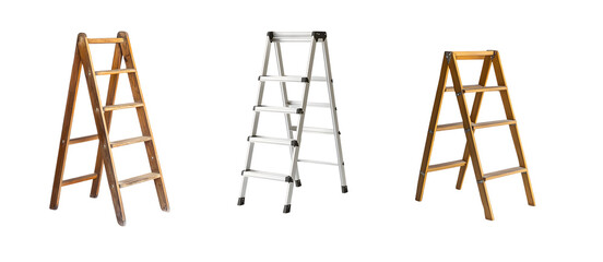 Poster - Set of different designs of tiered shelving, created from wood and metal in a triangle shape, isolated on transparent background