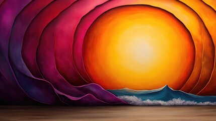 Fototapete - A bright sunset over the ocean, with waves crashing on the shore, painted in a vibrant, abstract style.