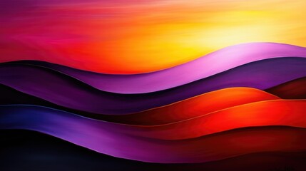 Fototapete - A burning desert at twilight, with vivid orange and purple skies, painted in an abstract style.