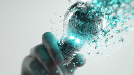 Poster - Close-up of hand holding a lightbulb, particles emanating, symbolizing idea generation, innovation, and creativity, suitable for technology or business concepts