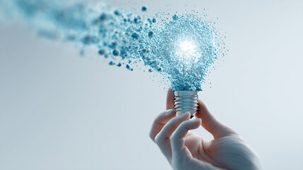 Poster - Hand holding lightbulb exploding into blue particles, symbolizing innovation, creativity, and new ideas, perfect for technology or business concepts