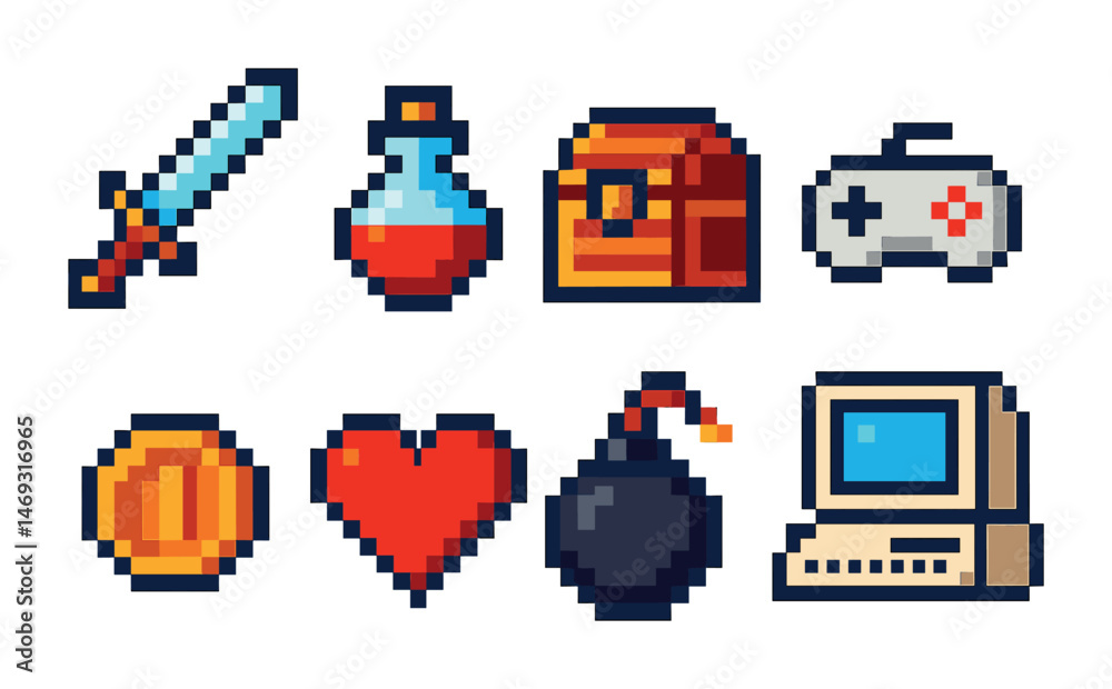 Retro gaming pixel art icons set – pixelated, 8-bit, video game symbols ...