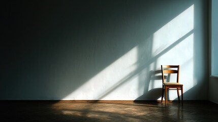 Poster - Single Wooden Chair Casting Shadows on Blank Wall in Room
