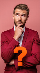 Poster - Man in red suit holds orange question mark, pondering thoughtfully.  Image depicts uncertainty, decision-making, or FAQ concept