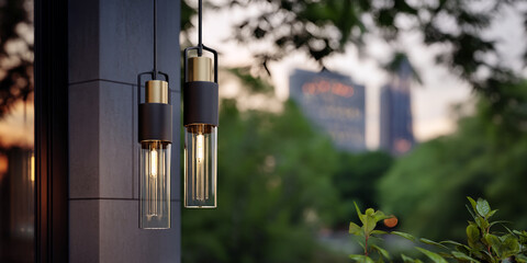 Aufkleber - Two cylindrical pendant lamps with glass and gold accents hang against a dark wall, blurred cityscape and greenery in background, showcasing modern design and ambiance