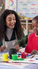 Aufkleber - Art, education and painting with student and teacher in classroom for development, learning or study. Children, school and teaching with kid and woman at desk for creative course or lesson together