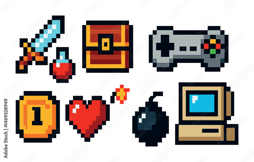Retro gaming pixel art icons set – 3d, filled, video game symbols Stock ...